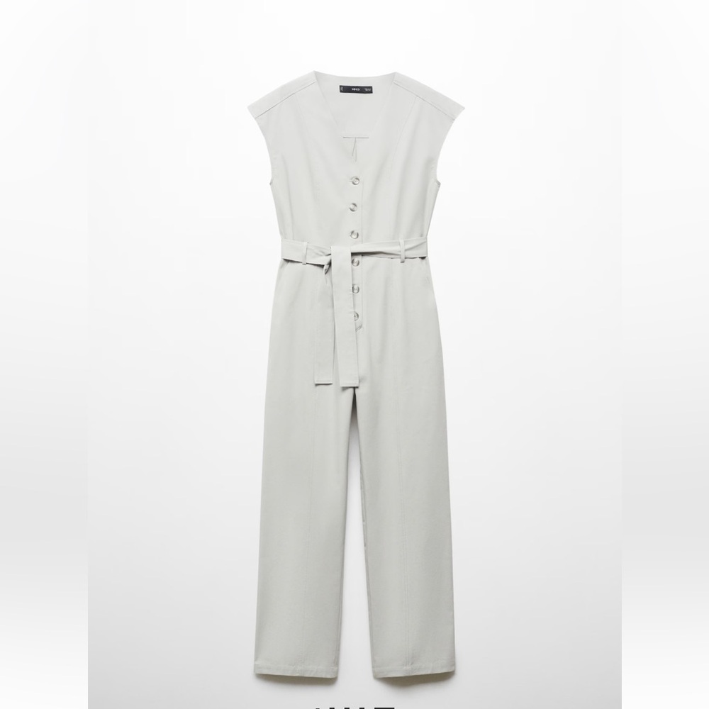$99 Mango 100% COTTON JUMPSUIT vneck sleeveless w/ belt light heather grey Small - Picture 6 of 13